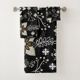 Conjunto De Toalhas Padrão floral preto e branco ornamentado