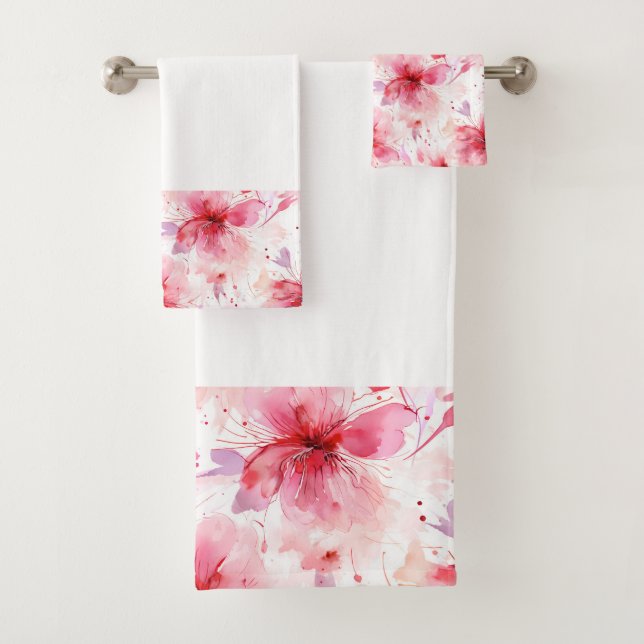 Conjunto De Toalhas Padrão Floral Primavera Flores Rosa Vermelho Aquar (Insitu)