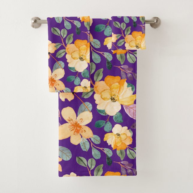 Conjunto De Toalhas Padrão Floral Púrpura Amarelo Moderno (Insitu)