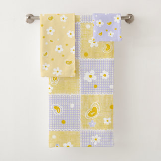 Conjunto De Toalhas Padrão Floral Retro Daisy Amarelo e Roxo 