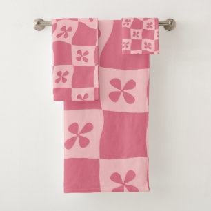 Conjunto De Toalhas Padrão Floral Retro-Rosa Verificado