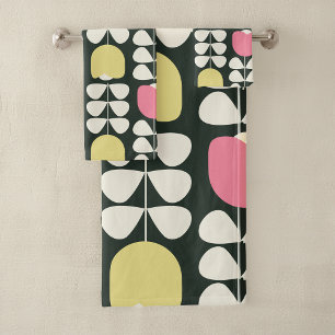 Conjunto De Toalhas Padrão Floral Retroativo Amarelo Cor-de-Rosa Verde