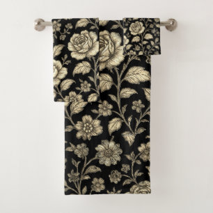 Conjunto De Toalhas Padrão Floral Rosa Dourada Vintage em Preto