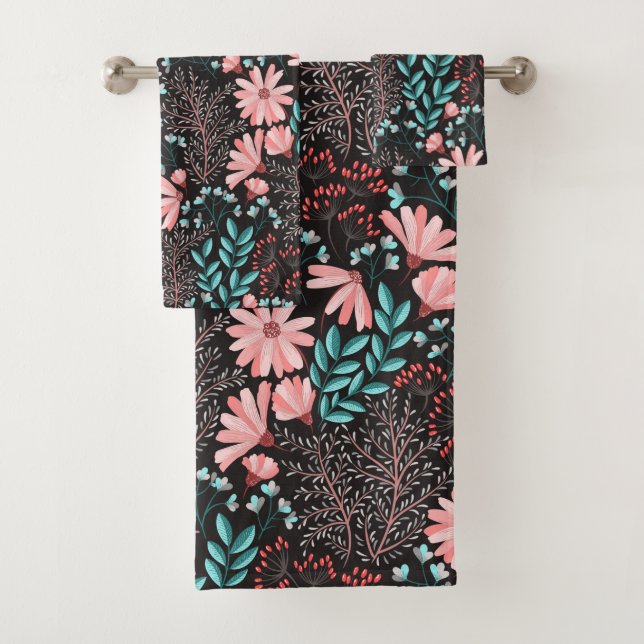 Conjunto De Toalhas Padrão Floral Rosa e Escuro-Teal (Insitu)