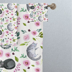 Conjunto De Toalhas Padrão Floral Rosa Gato-Gato
