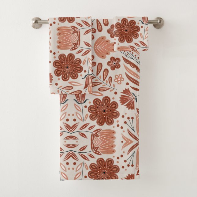 Conjunto De Toalhas Padrão Floral Rustic Estilizado Terracotta (Insitu)