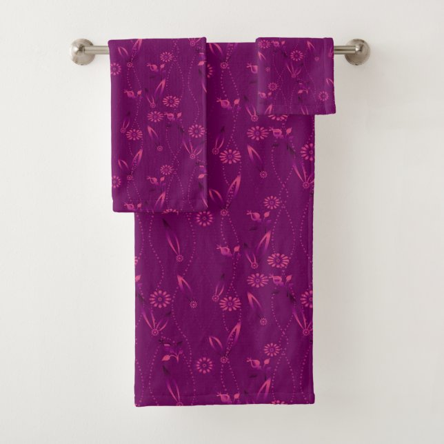 Conjunto De Toalhas Padrão floral simples retrô burgundy (Insitu)