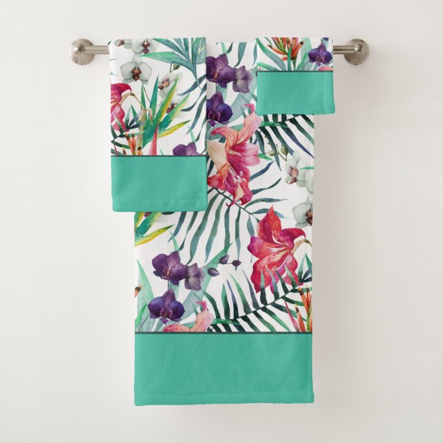 Conjunto De Toalhas Padrão Floral Tropical Brilhante com Borda Aqua (Insitu)