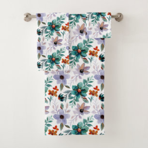 Conjunto De Toalhas Padrão Floral Verde Laranja Lilac Blush