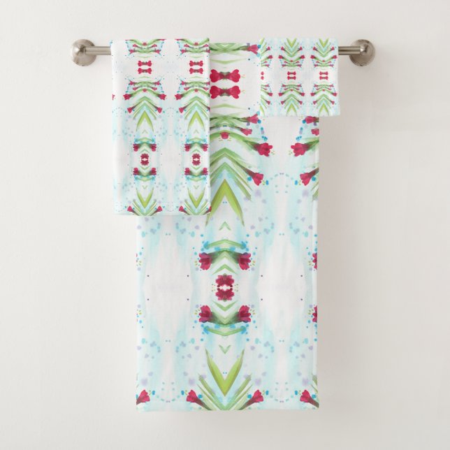 Conjunto De Toalhas Padrão Floral Vermelho e Teal (Insitu)
