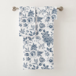 Conjunto De Toalhas Padrão Floral Vintage Azul-Marinho Toile-De-Jouy