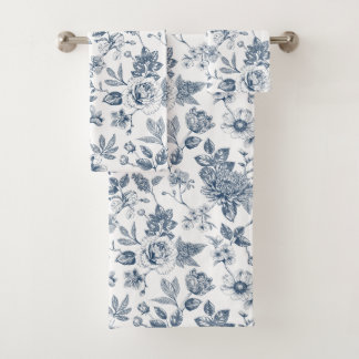 Conjunto De Toalhas Padrão Floral Vintage Azul-Marinho Toile-De-Jouy