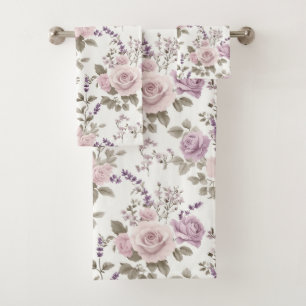 Conjunto De Toalhas Padrão Floral Vintage Sem Costura: Rosas & Lavanda