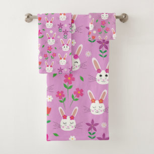 Conjunto De Toalhas Padrão fofo de coelho de Páscoa com flores em rosa