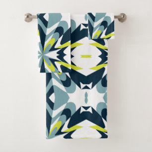 Conjunto De Toalhas Padrão Geométrico Abstrato em Azul Marinho, Turque