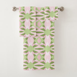 Conjunto De Toalhas Padrão Geométrico Abstrato em Verde e Rosa Pastel