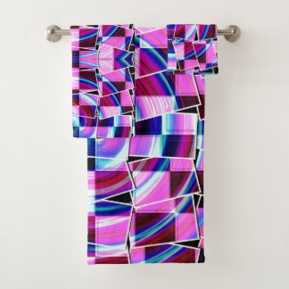 Conjunto De Toalhas Padrão Geométrico abstrato Púrpura Quadrados Rosa