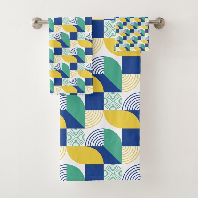 Conjunto De Toalhas Padrão Geométrico Abstrato Verde Azul (Insitu)
