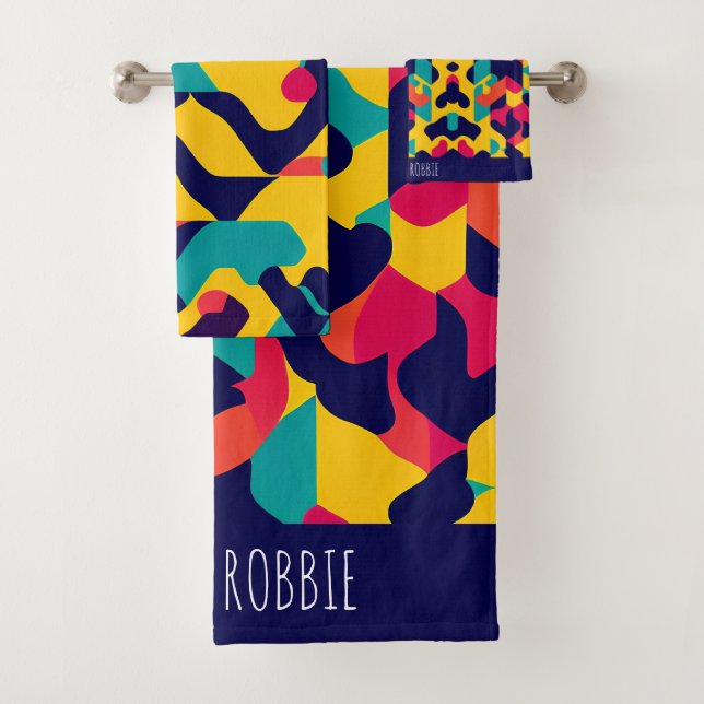 Conjunto De Toalhas Padrão Geométrico Amarelo Azul Cor-de-Rosa Moderno (Insitu)