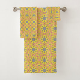 Conjunto De Toalhas padrão geométrico amarelo vibrante com azul e verm