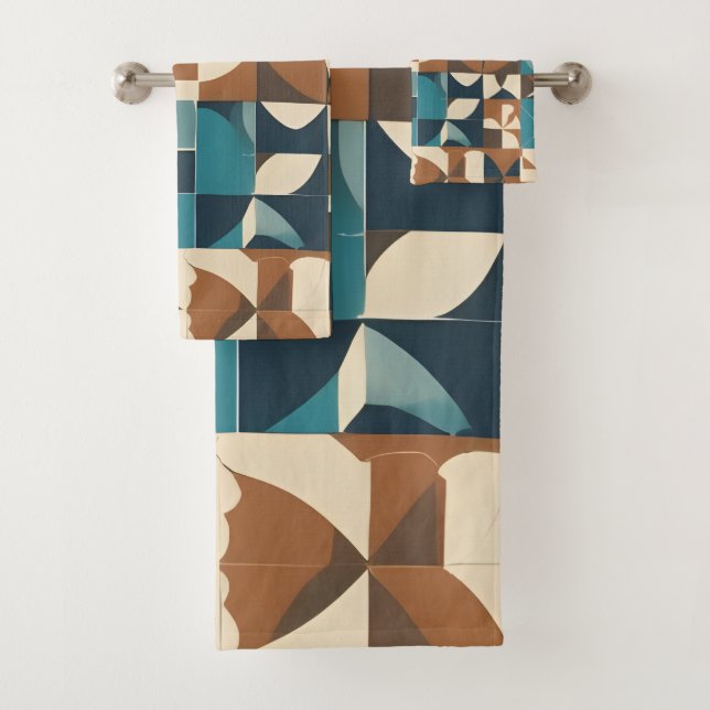 Conjunto De Toalhas Padrão Geométrico Azul Escuro, Turquesa, Marrom e  (Insitu)