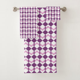 Conjunto De Toalhas Padrão Geométrico Branco e Roxo