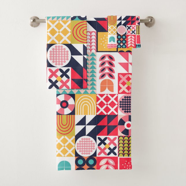Conjunto De Toalhas Padrão Geométrico Colorido Retroativo Vibrante (Insitu)