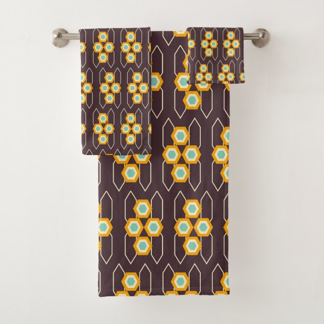 Conjunto De Toalhas Padrão geométrico com hexágonos laranja e azul (Insitu)