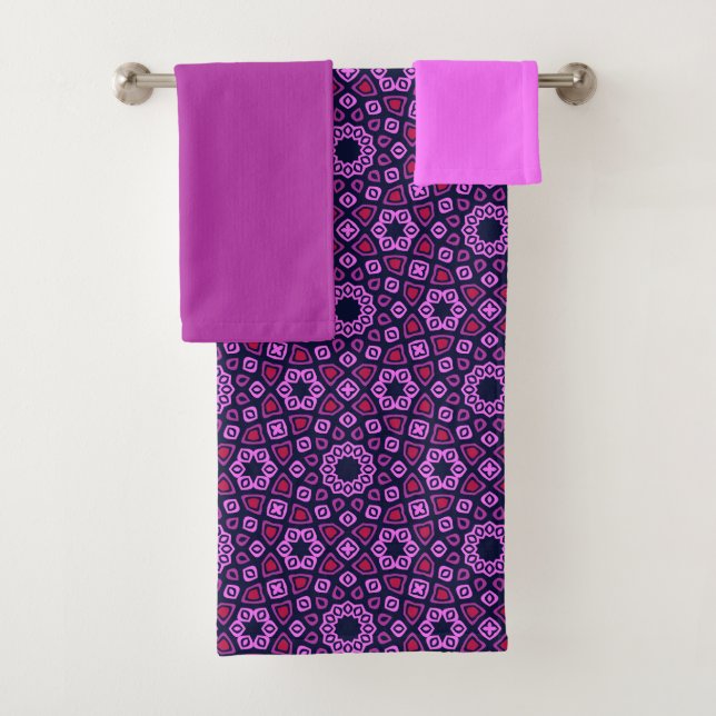 Conjunto De Toalhas Padrão Geométrico com Tri-Hexago Truncado Roxo (Insitu)
