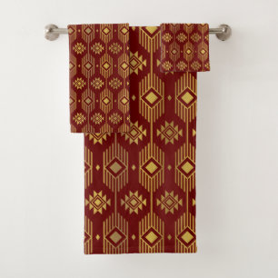 Conjunto De Toalhas Padrão geométrico de ikat vermelho e dourado