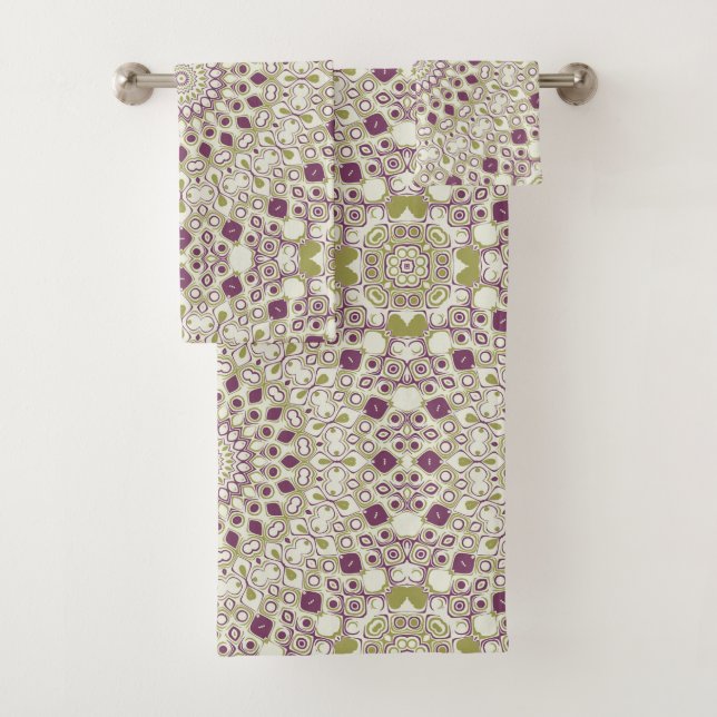 Conjunto De Toalhas Padrão Geométrico de Mandala Roxo e Oliva (Insitu)