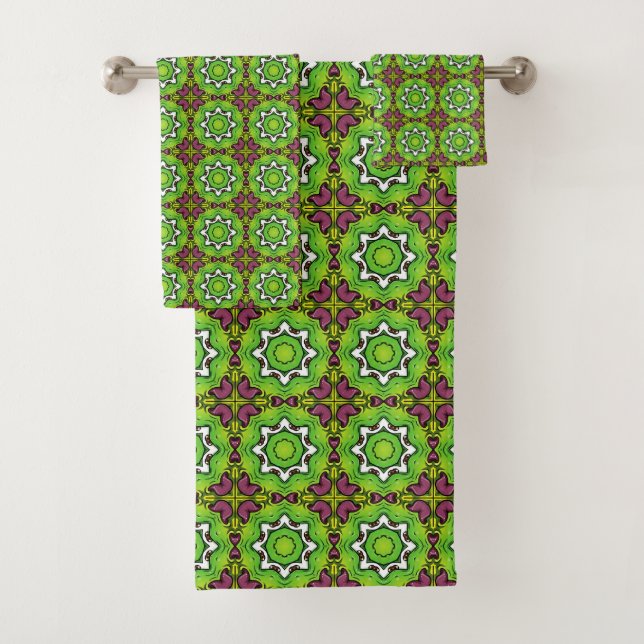 Conjunto De Toalhas Padrão geométrico de mandala verde e roxo (Insitu)