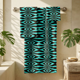 Conjunto De Toalhas Padrão Geométrico de Op Art em Azul Turquesa e Pre