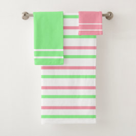 Conjunto De Toalhas Padrão Geométrico de Stripes Brancas Verdes Rosa