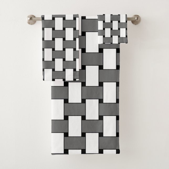 Conjunto De Toalhas Padrão Geométrico de Tecido Cinza e Branco (Insitu)