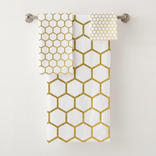 Conjunto De Toalhas Padrão Geométrico do Hexágono Branco e Dourado