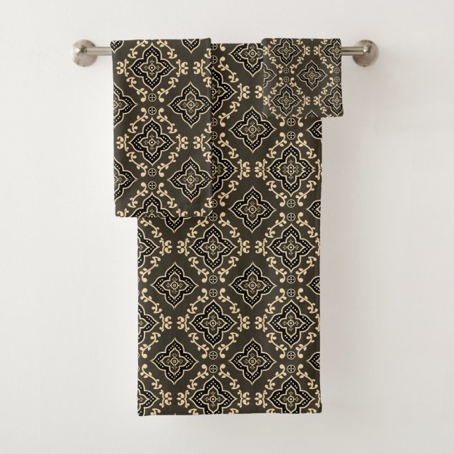 Conjunto De Toalhas Padrão Geométrico Dourado e Marrom / Impressão Ind (Insitu)