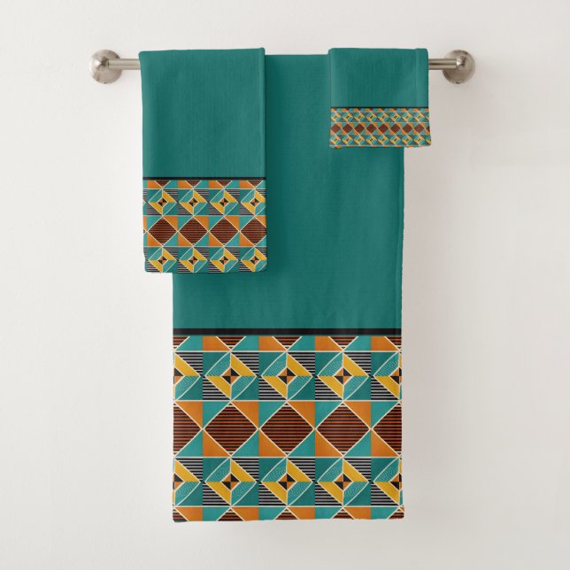 Conjunto De Toalhas Padrão Geométrico Dourado e Preto Turquesa (Insitu)