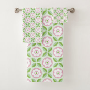 Conjunto De Toalhas Padrão Geométrico Floral Verde-Cor-de-Rosa