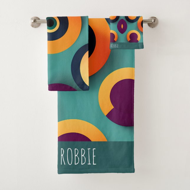 Conjunto De Toalhas Padrão Geométrico Laranja Azul Grande Círculos (Insitu)