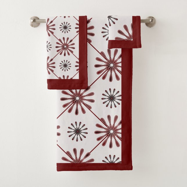 Conjunto De Toalhas Padrão Geométrico Maroon Red Retro Spiro (Insitu)