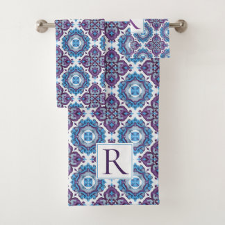 Conjunto De Toalhas Padrão geométrico mediterrâneo azul roxo