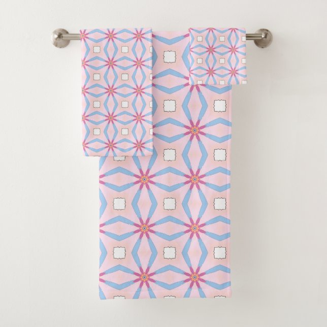 Conjunto De Toalhas Padrão geométrico rosa, azul e branco  (Insitu)