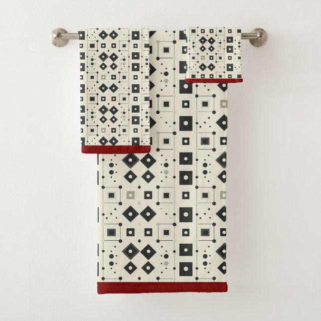 Conjunto De Toalhas Padrão Geométrico Vermelho Branco Negro Moderno (Insitu)