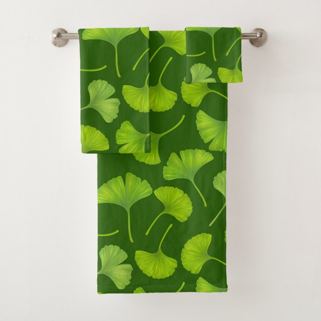 Conjunto De Toalhas Padrão Ginkgo em verde escuro (Insitu)