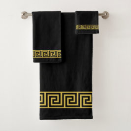 Conjunto De Toalhas Padrão Grego Dourado Elegante em Preto