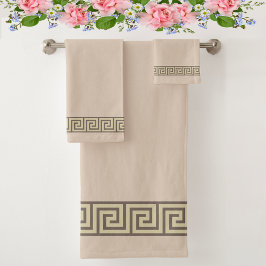 Conjunto De Toalhas Padrão Grego Elegante em Bege Areia e Marrom