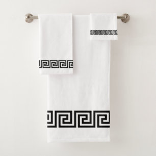 Conjunto De Toalhas Padrão Grego Preto Elegante em Branco