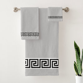 Conjunto De Toalhas Padrão Grego Preto Elegante em Cinza Prata Claro