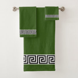 Conjunto De Toalhas Padrão Grego Preto Elegante em Verde Floresta